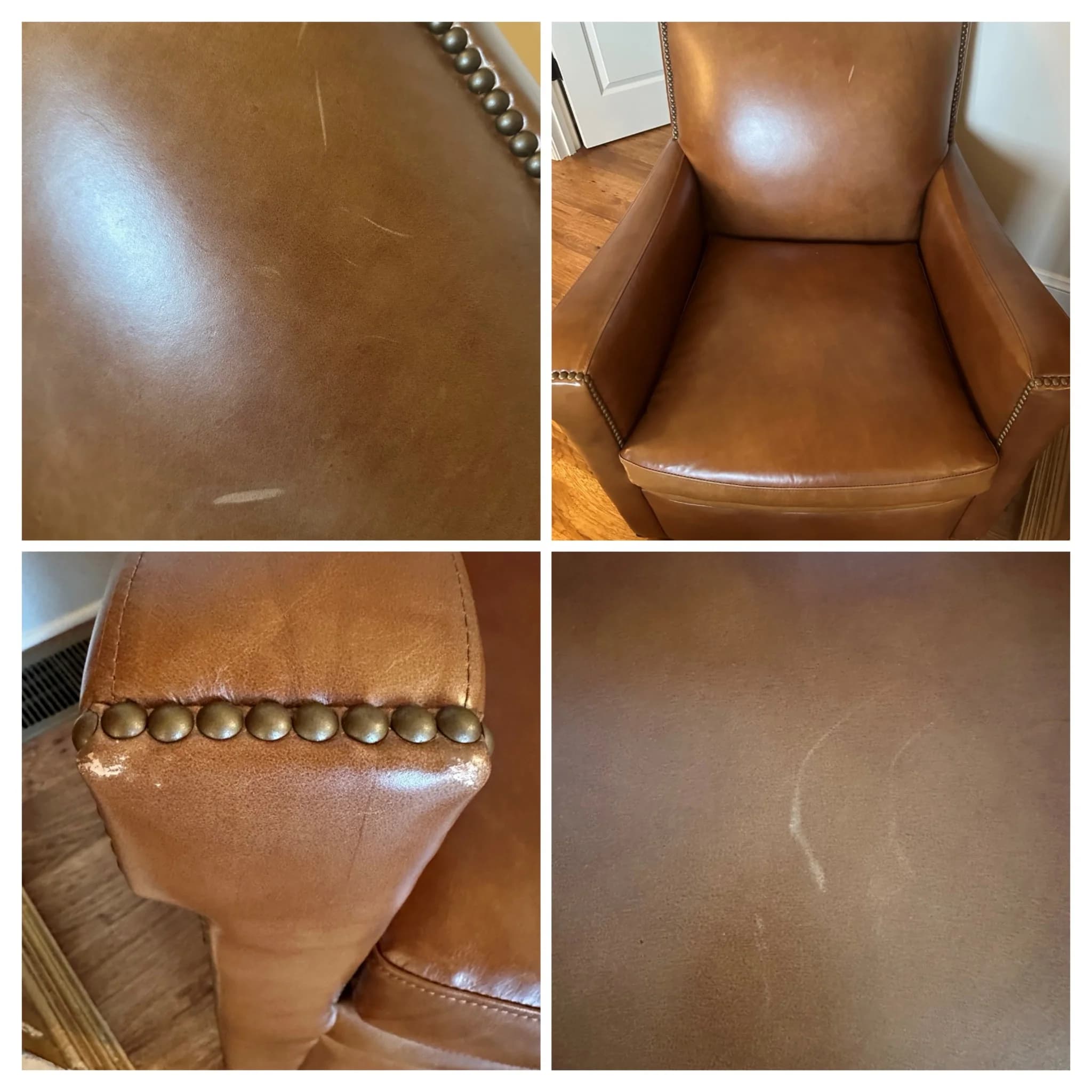 Caramel leather chair showing scratches and scuffs before color restoration