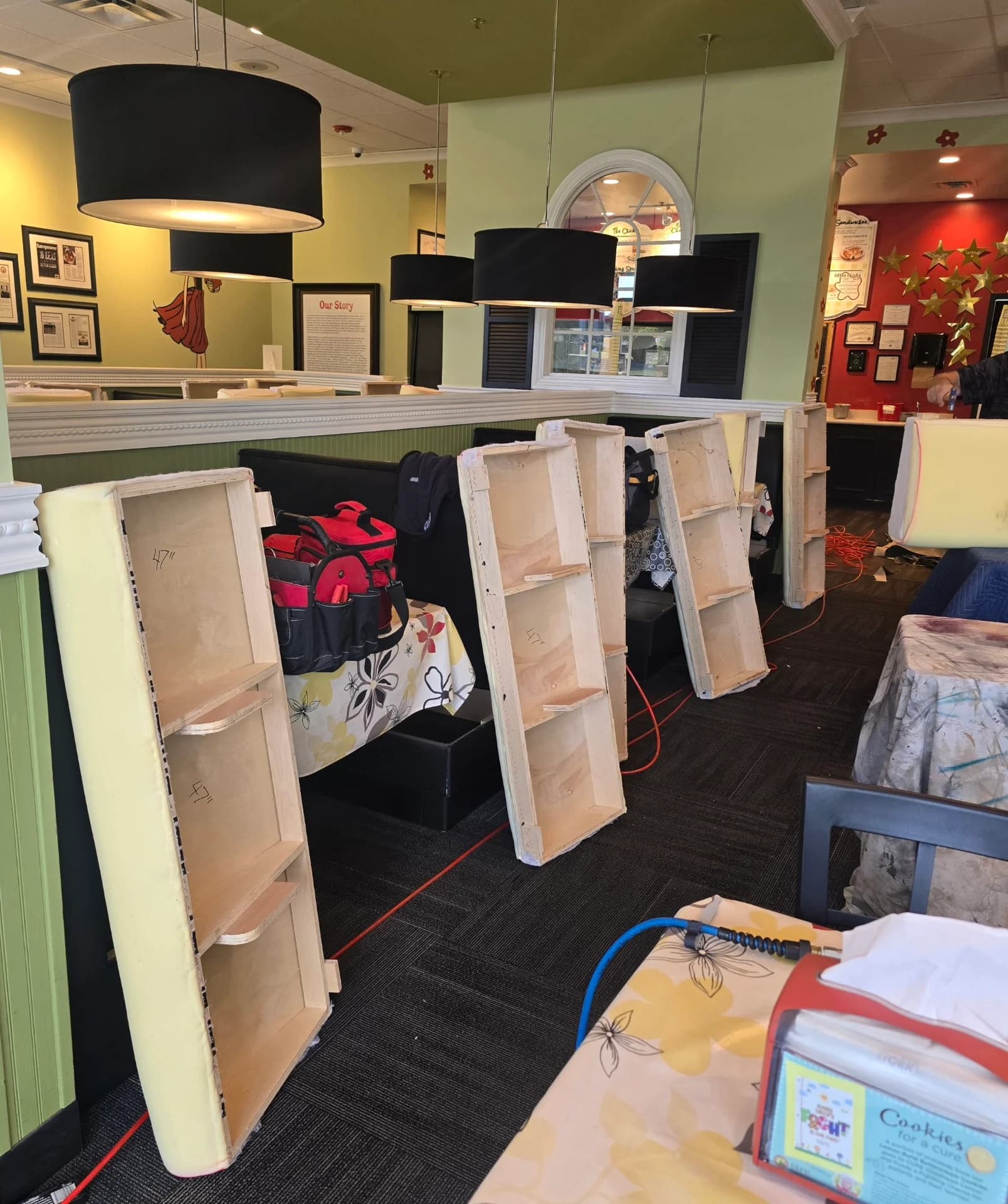 Commercial restaurant booth reupholstery in progress